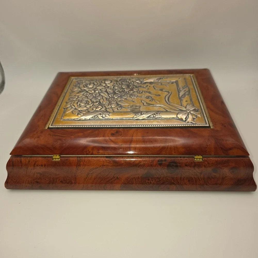 Acca Italy Burl Wood Jewelry Box Castellani Floral Sterling Silver 925 Plate